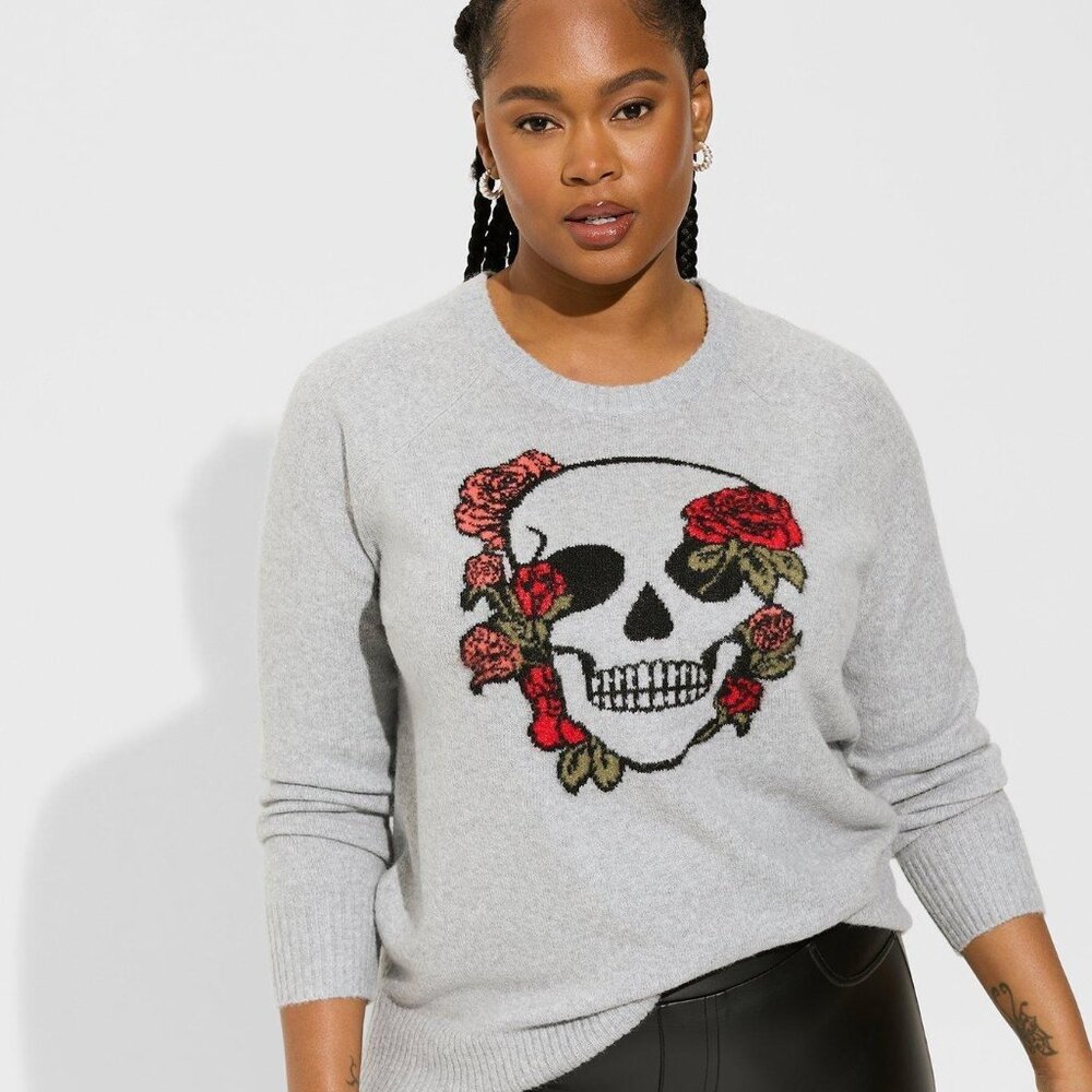 Torrid Rose Skull Vegan Cashmere Pullover Crew Sweater